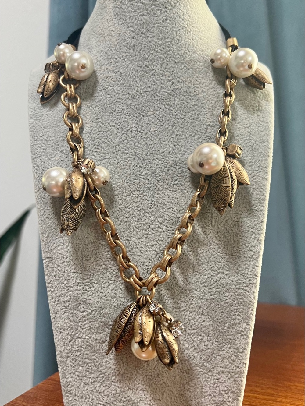 J. Crew Gold-Tone Leaf and Pearl Cluster Necklace